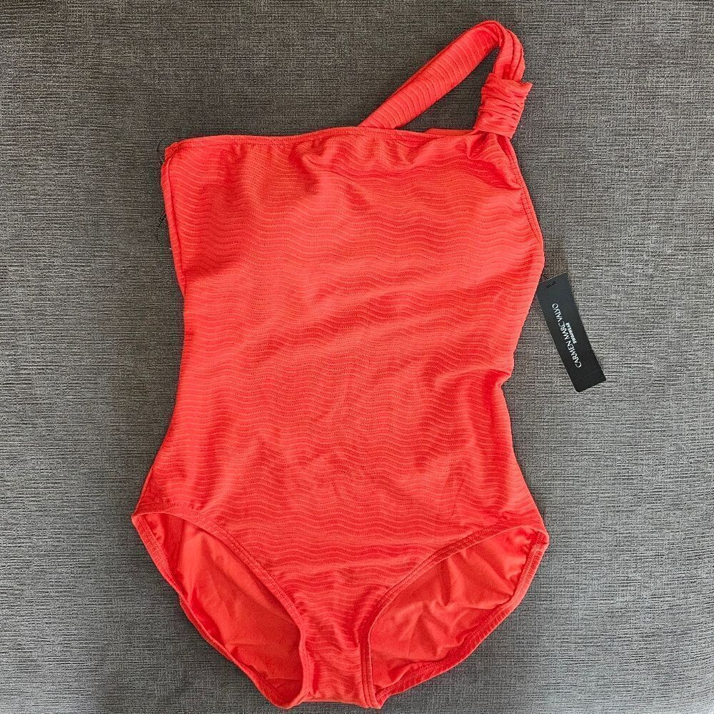 Carmen Marc Valvo Women's Papaya Red One-Shoulder One Piece Swimsuit Size 14